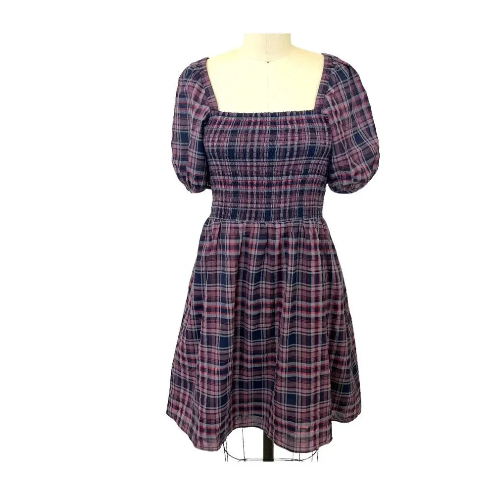 Madewell Lucie Puff-Sleeve Smocked Mini Dress in Rockfern Plaid Sz S